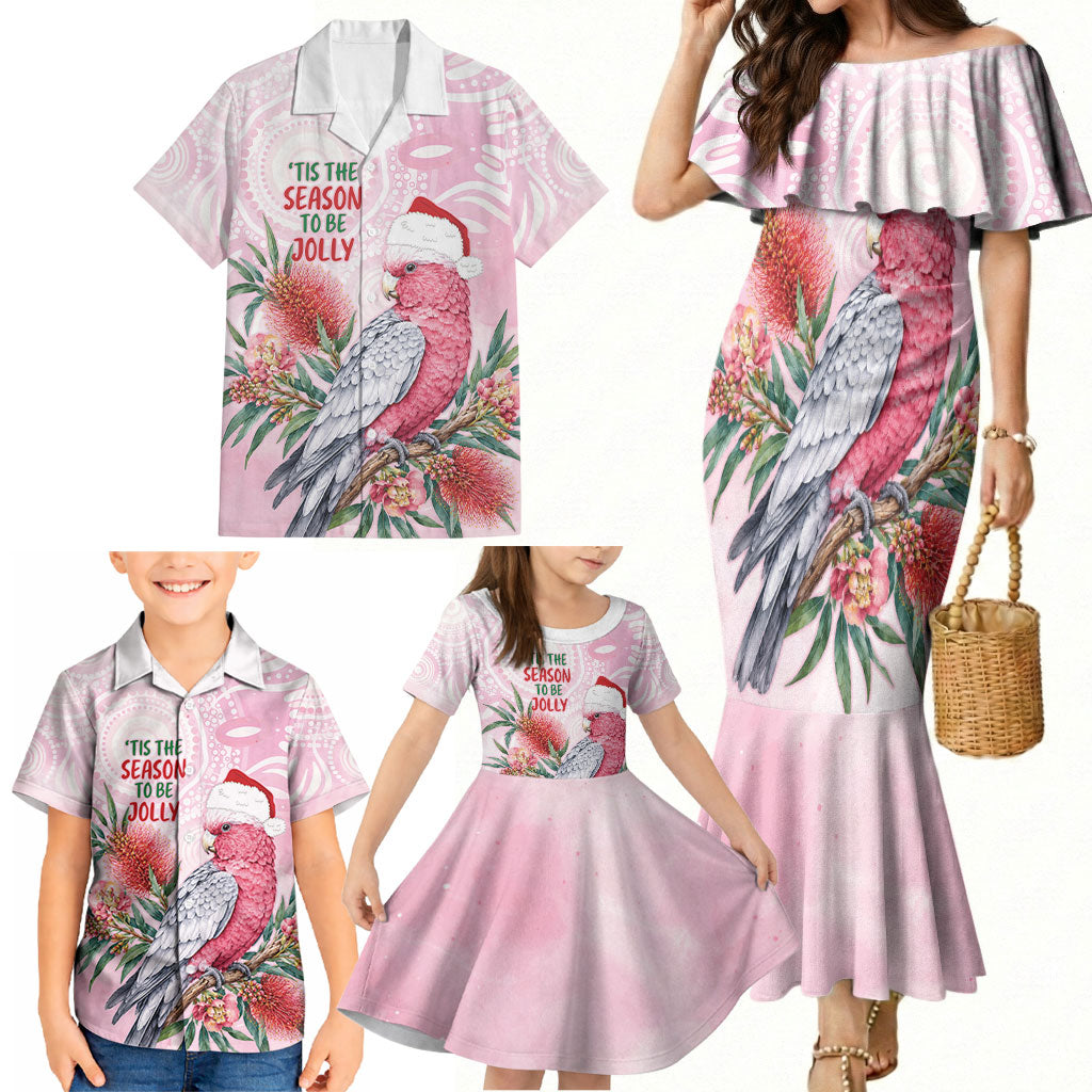 Pink Galah Christmas Australia Family Matching Mermaid Dress and Hawaiian Shirt Watercolor Painting Aboriginal Art