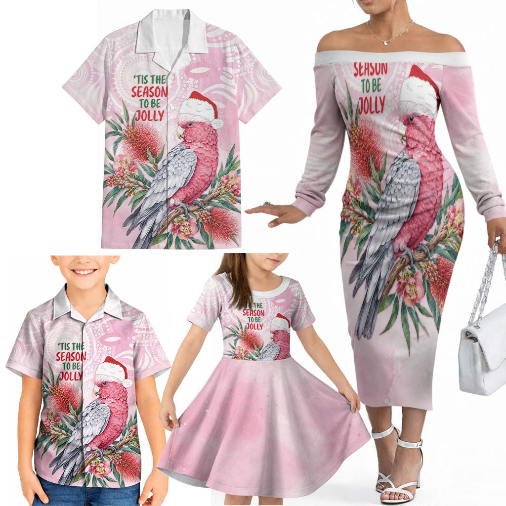 Pink Galah Christmas Australia Family Matching Off The Shoulder Long Sleeve Dress and Hawaiian Shirt Watercolor Painting Aboriginal Art