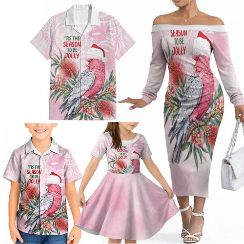 Pink Galah Christmas Australia Family Matching Off The Shoulder Long Sleeve Dress and Hawaiian Shirt Watercolor Painting Aboriginal Art