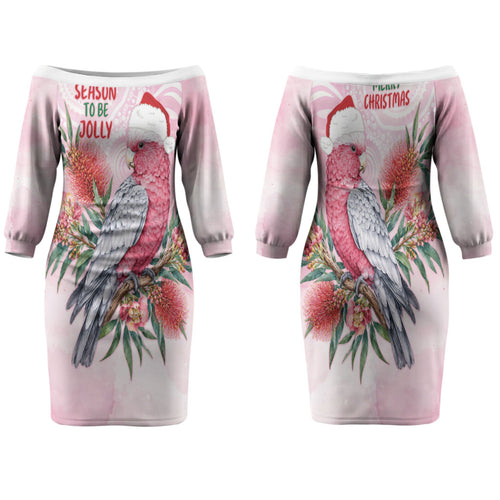 Pink Galah Christmas Australia Family Matching Off The Shoulder Long Sleeve Dress and Hawaiian Shirt Watercolor Painting Aboriginal Art