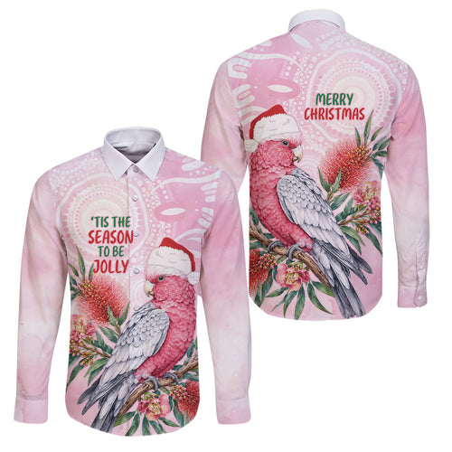 Pink Galah Christmas Australia Family Matching Off The Shoulder Long Sleeve Dress and Hawaiian Shirt Watercolor Painting Aboriginal Art