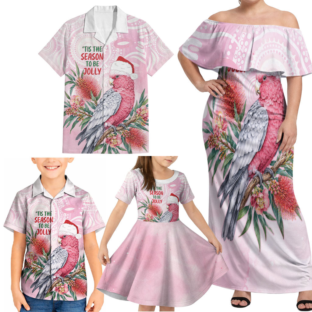 Pink Galah Christmas Australia Family Matching Off Shoulder Maxi Dress and Hawaiian Shirt Watercolor Painting Aboriginal Art