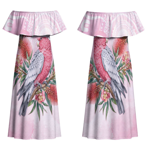 Pink Galah Christmas Australia Family Matching Off Shoulder Maxi Dress and Hawaiian Shirt Watercolor Painting Aboriginal Art