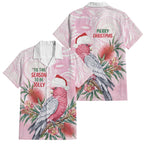 Pink Galah Christmas Australia Family Matching Off Shoulder Maxi Dress and Hawaiian Shirt Watercolor Painting Aboriginal Art