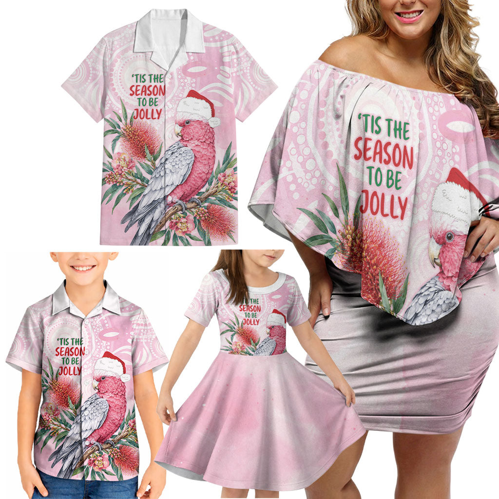 Pink Galah Christmas Australia Family Matching Off Shoulder Short Dress and Hawaiian Shirt Watercolor Painting Aboriginal Art
