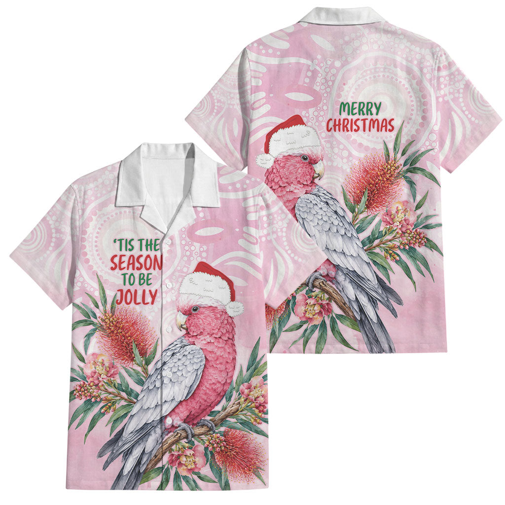 Pink Galah Christmas Australia Family Matching Off Shoulder Short Dress and Hawaiian Shirt Watercolor Painting Aboriginal Art