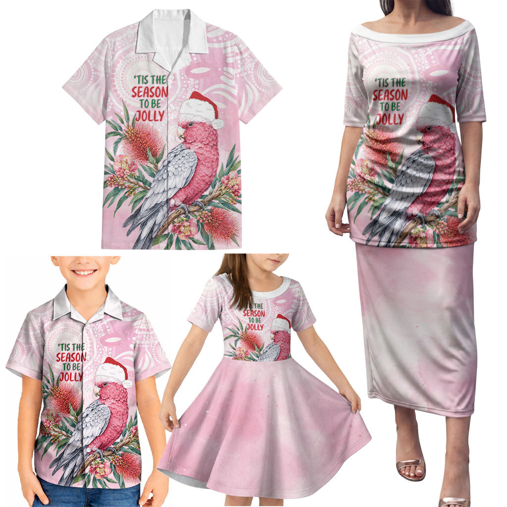 Pink Galah Christmas Australia Family Matching Puletasi and Hawaiian Shirt Watercolor Painting Aboriginal Art