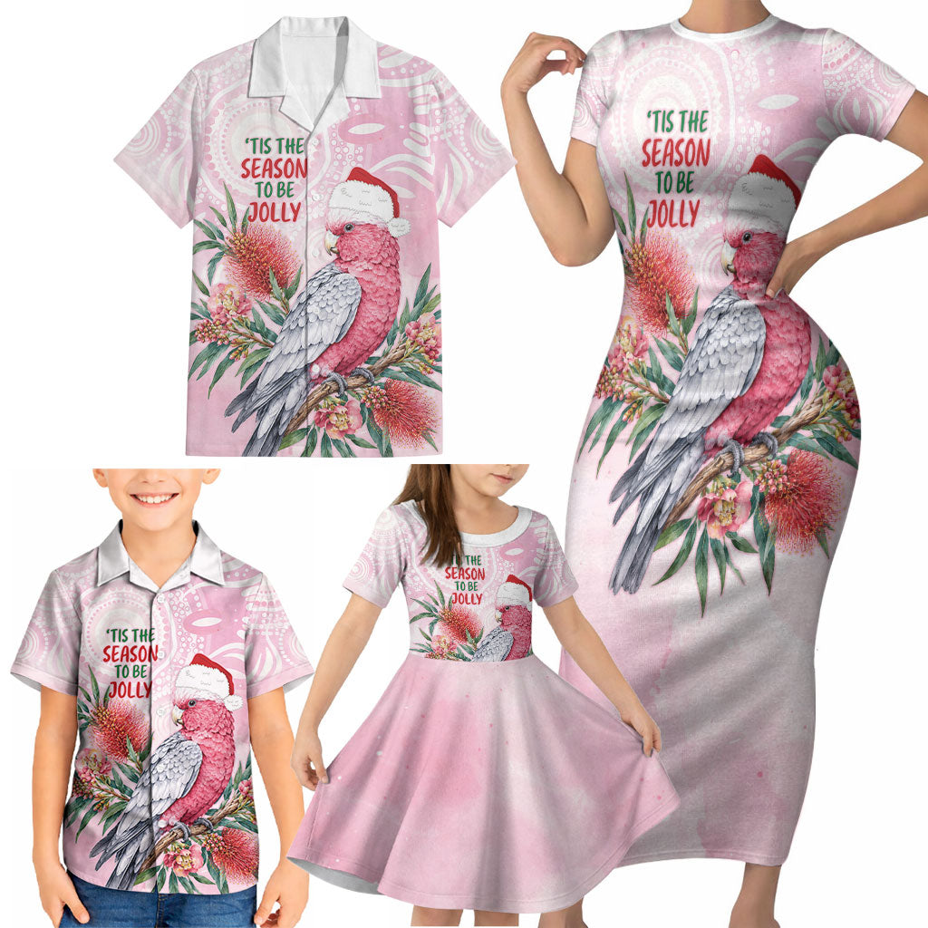 Pink Galah Christmas Australia Family Matching Short Sleeve Bodycon Dress and Hawaiian Shirt Watercolor Painting Aboriginal Art