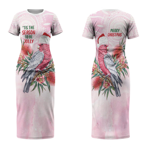 Pink Galah Christmas Australia Family Matching Short Sleeve Bodycon Dress and Hawaiian Shirt Watercolor Painting Aboriginal Art