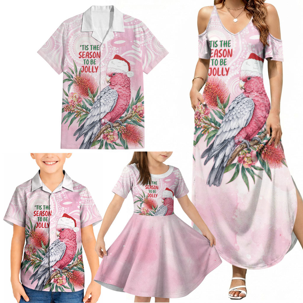 Pink Galah Christmas Australia Family Matching Summer Maxi Dress and Hawaiian Shirt Watercolor Painting Aboriginal Art
