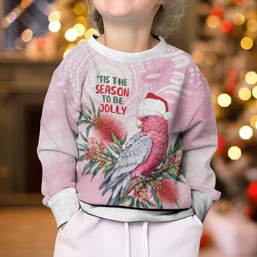 Pink Galah Christmas Australia Kid Ugly Christmas Sweater Watercolor Painting Aboriginal Art