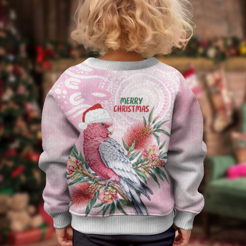 Pink Galah Christmas Australia Kid Ugly Christmas Sweater Watercolor Painting Aboriginal Art