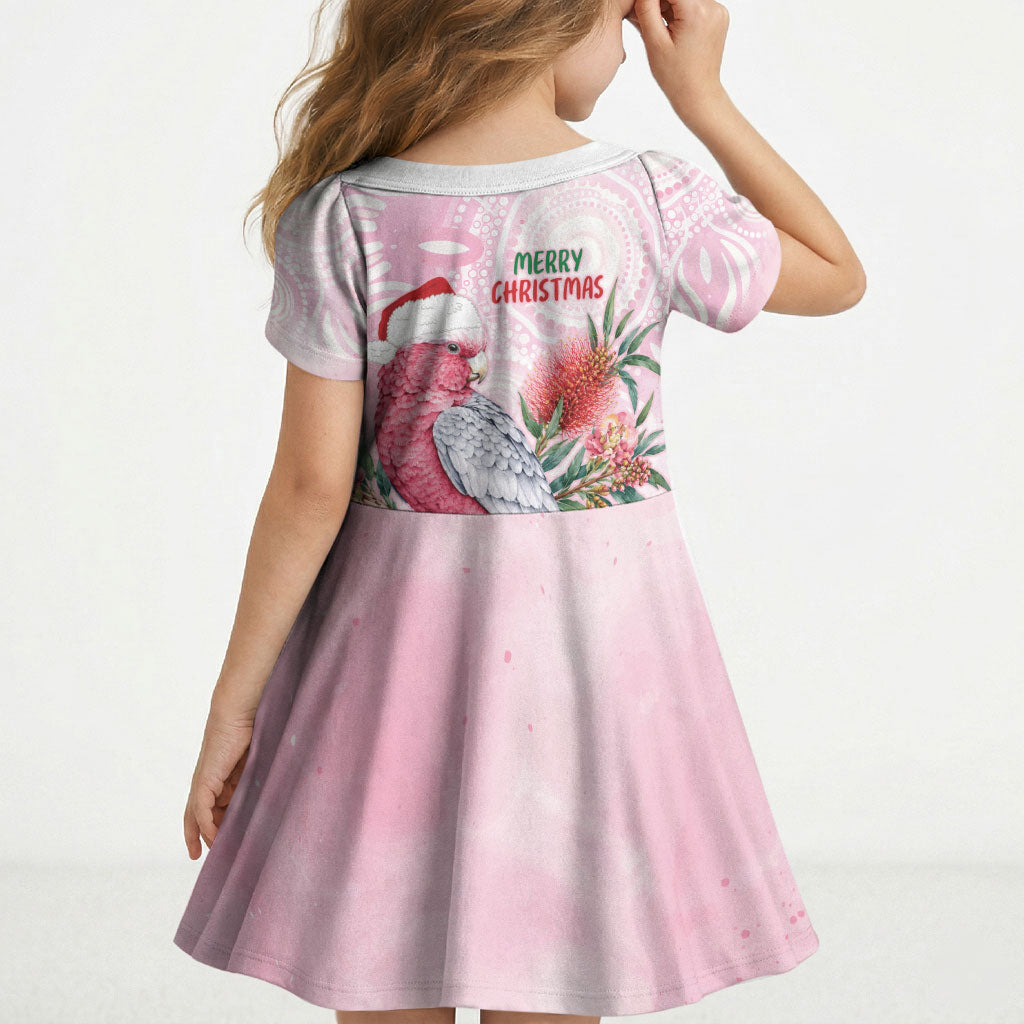 Pink Galah Christmas Australia Kid Short Sleeve Dress Watercolor Painting Aboriginal Art