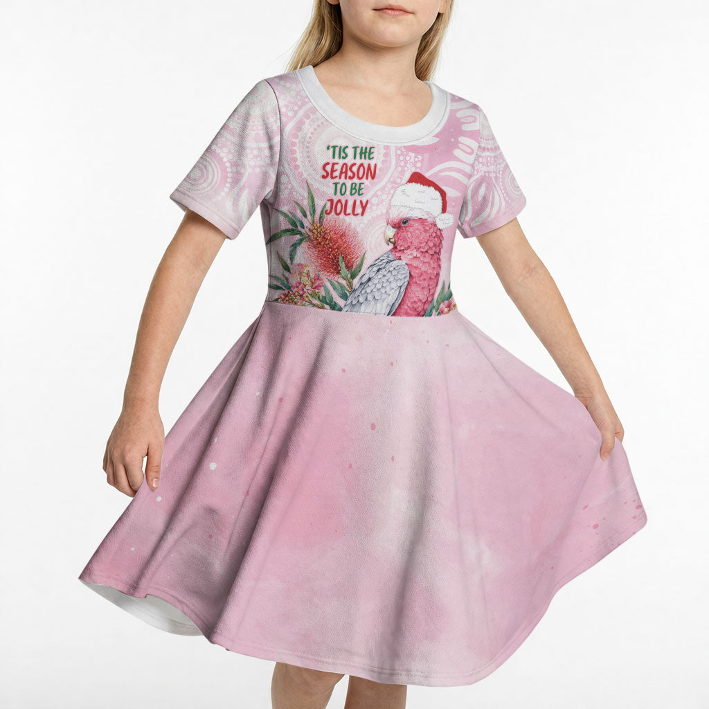 Pink Galah Christmas Australia Kid Short Sleeve Dress Watercolor Painting Aboriginal Art