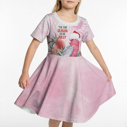 Pink Galah Christmas Australia Kid Short Sleeve Dress Watercolor Painting Aboriginal Art
