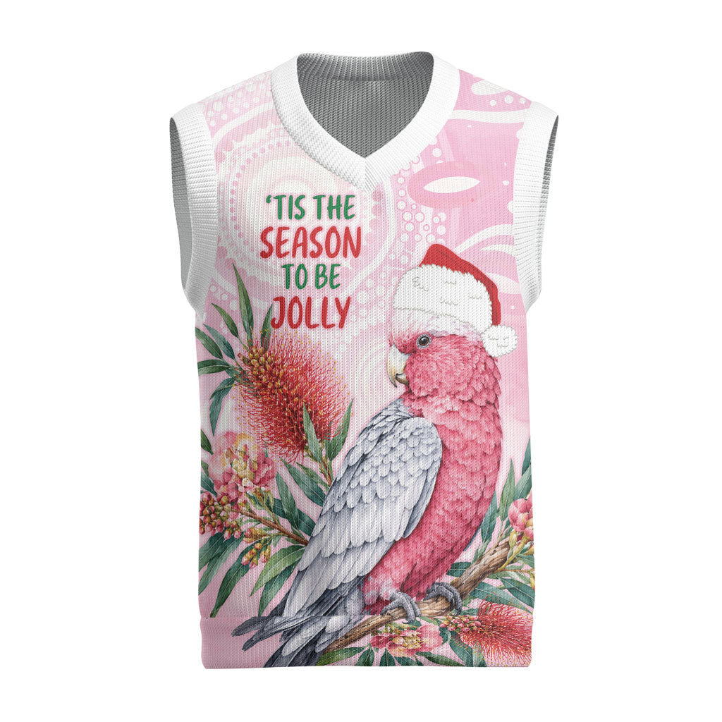 Pink Galah Christmas Australia Christmas Knitted V-Neck Vest Watercolor Painting Aboriginal Art