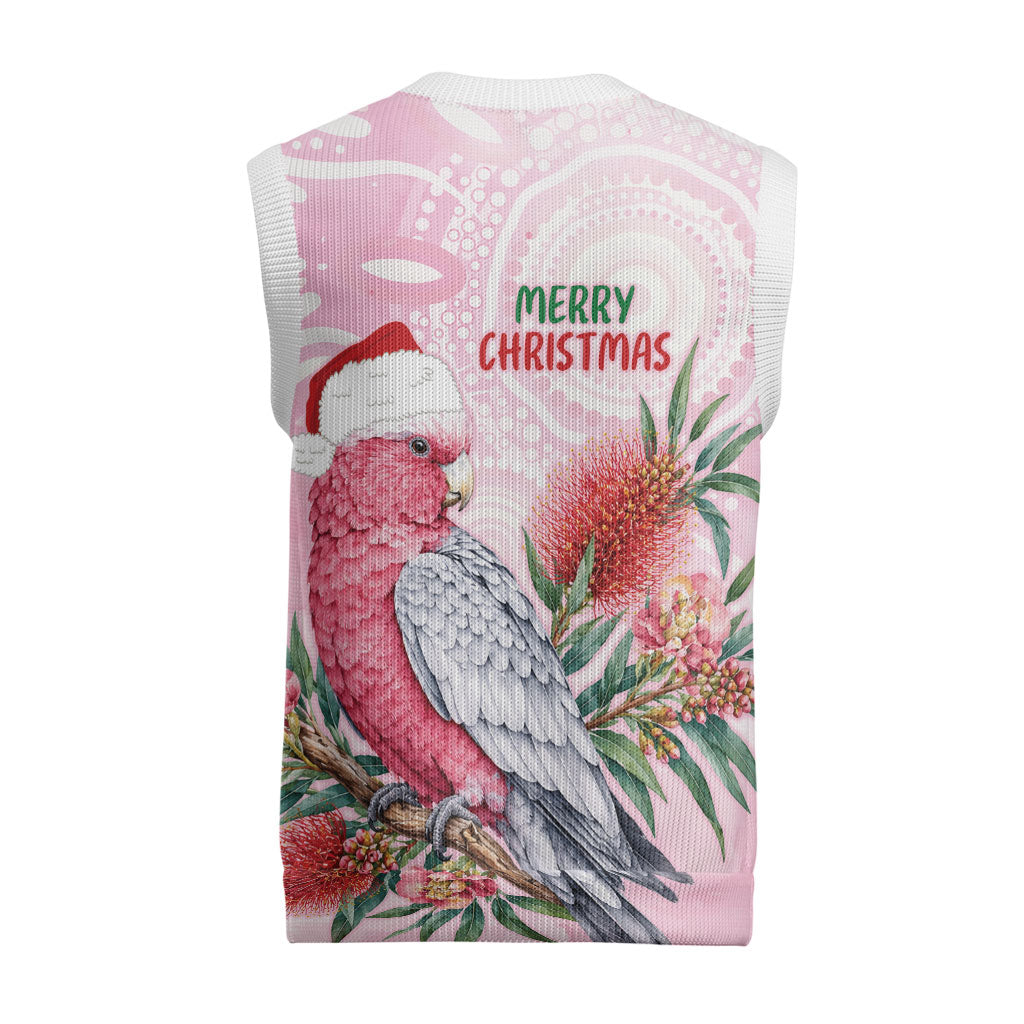 Pink Galah Christmas Australia Christmas Knitted V-Neck Vest Watercolor Painting Aboriginal Art