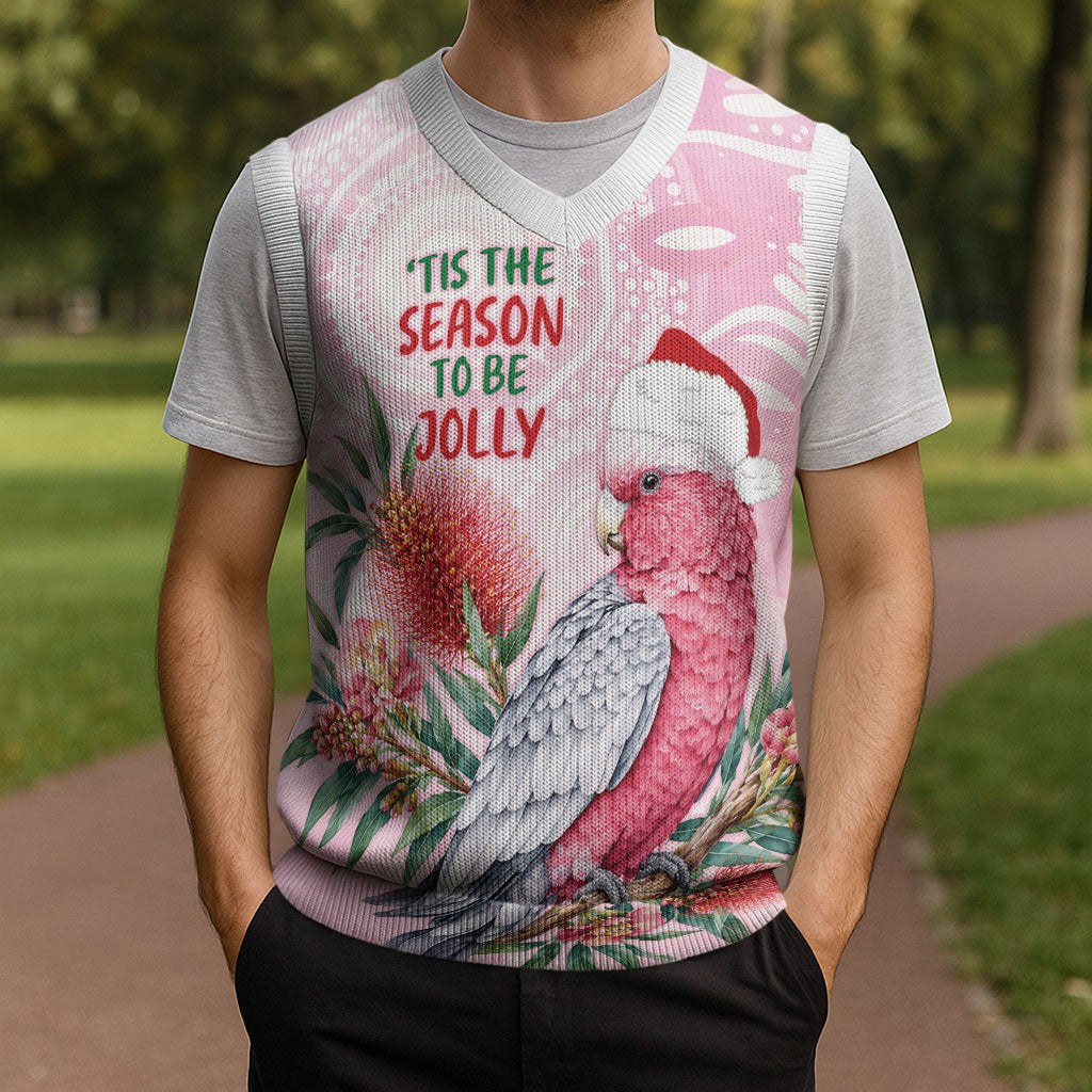 Pink Galah Christmas Australia Christmas Knitted V-Neck Vest Watercolor Painting Aboriginal Art