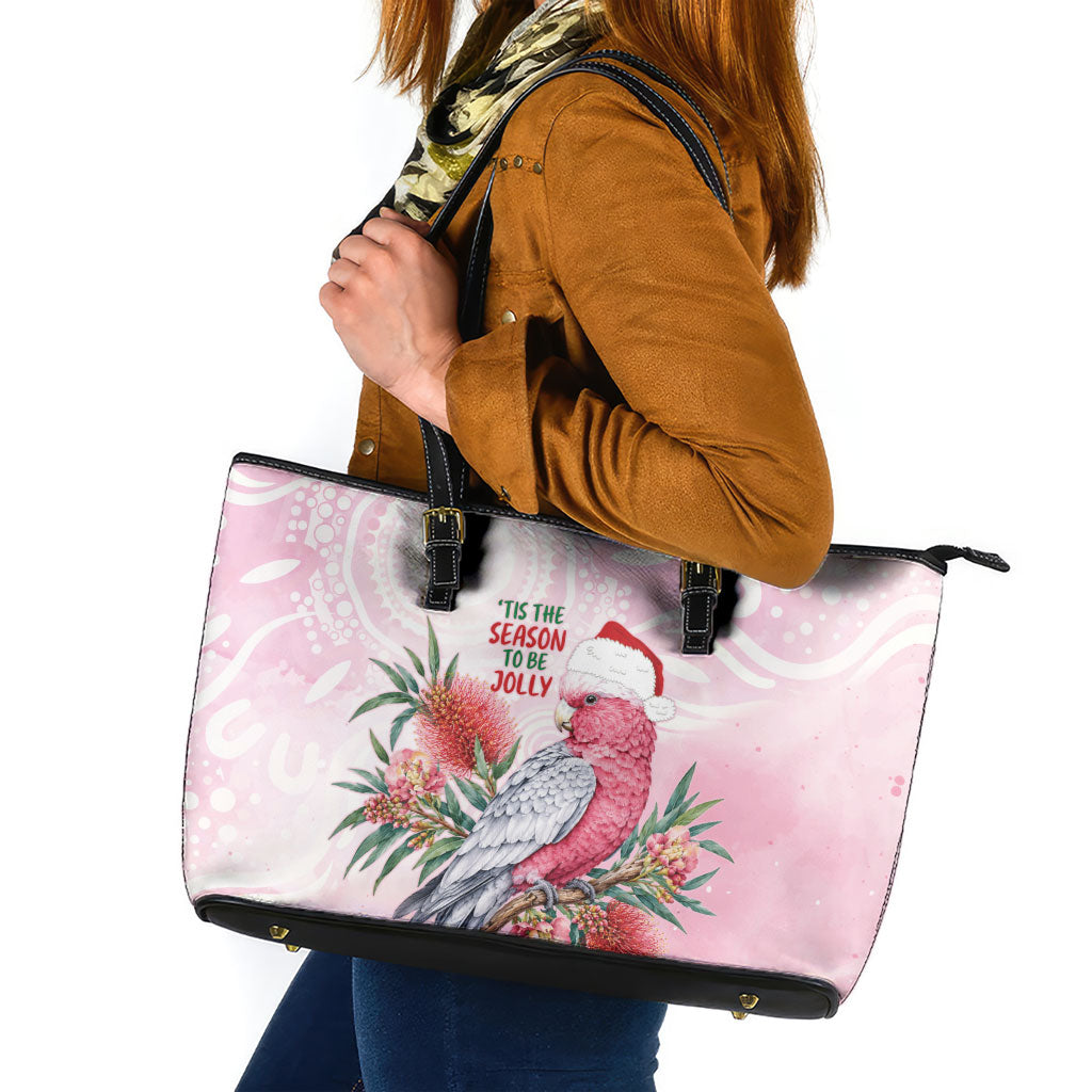 Pink Galah Christmas Australia Leather Tote Bag Watercolor Painting Aboriginal Art