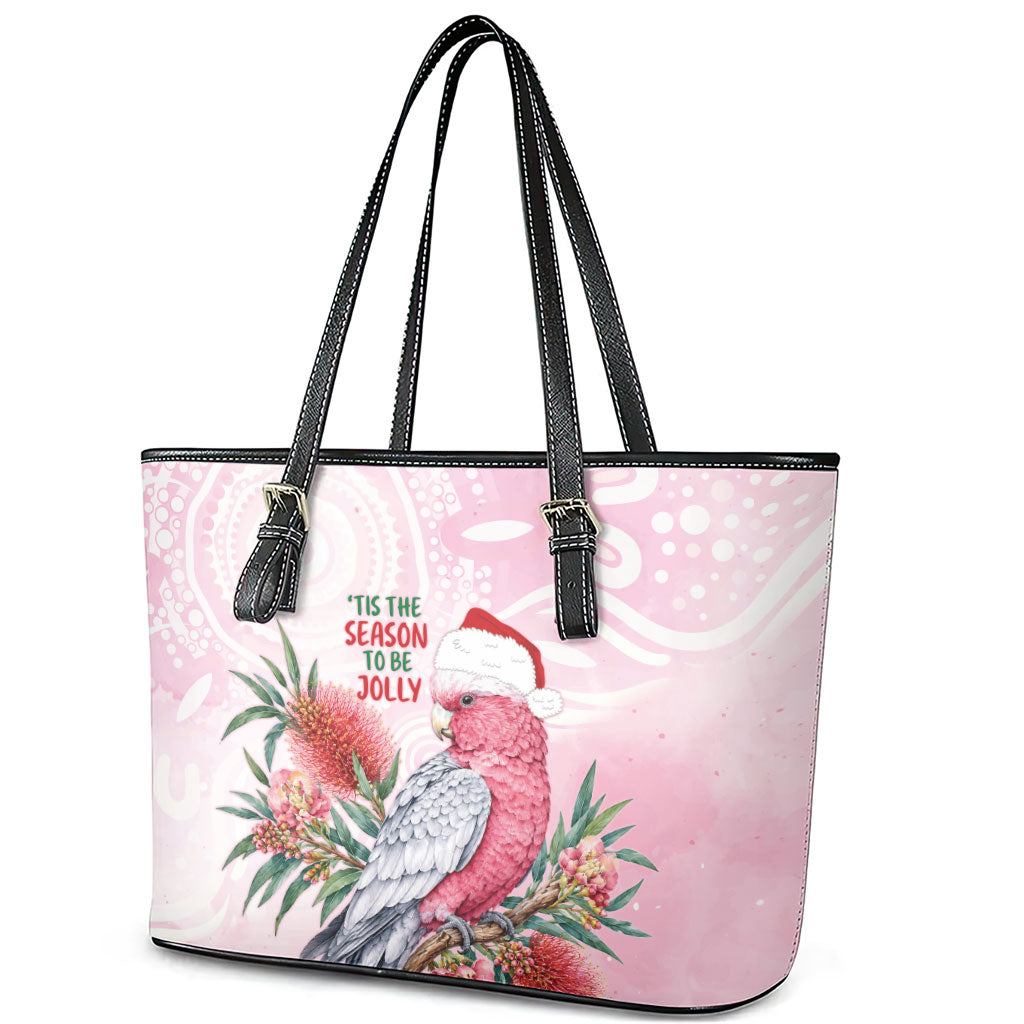 Pink Galah Christmas Australia Leather Tote Bag Watercolor Painting Aboriginal Art