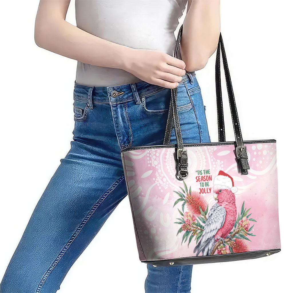 Pink Galah Christmas Australia Leather Tote Bag Watercolor Painting Aboriginal Art