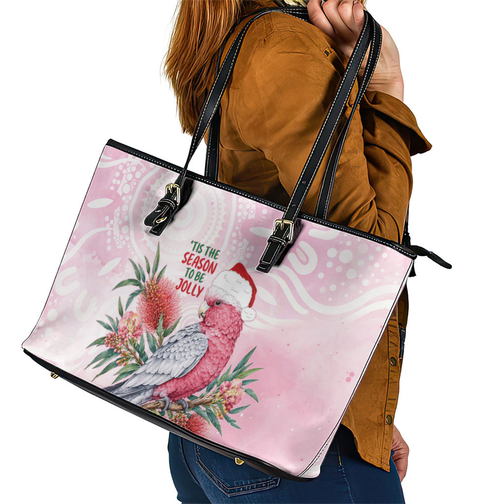 Pink Galah Christmas Australia Leather Tote Bag Watercolor Painting Aboriginal Art