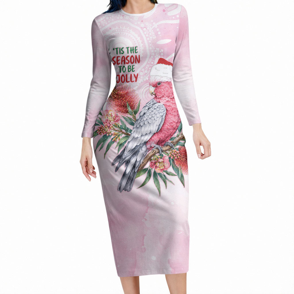 Pink Galah Christmas Australia Long Sleeve Bodycon Dress Watercolor Painting Aboriginal Art