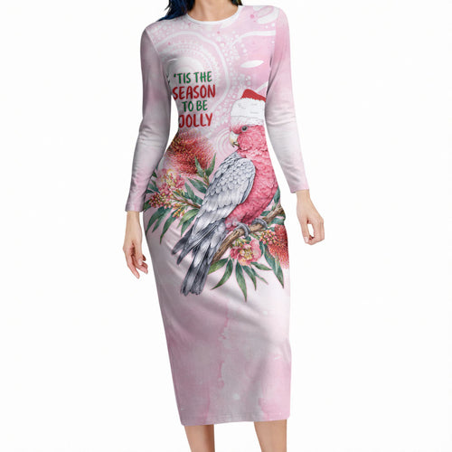 Pink Galah Christmas Australia Long Sleeve Bodycon Dress Watercolor Painting Aboriginal Art