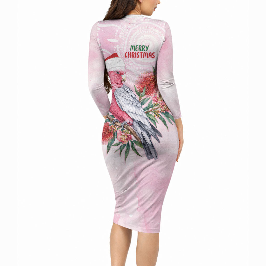 Pink Galah Christmas Australia Long Sleeve Bodycon Dress Watercolor Painting Aboriginal Art