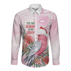 Pink Galah Christmas Australia Long Sleeve Button Shirt Watercolor Painting Aboriginal Art