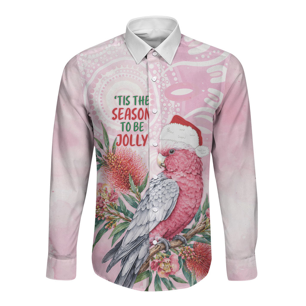 Pink Galah Christmas Australia Long Sleeve Button Shirt Watercolor Painting Aboriginal Art