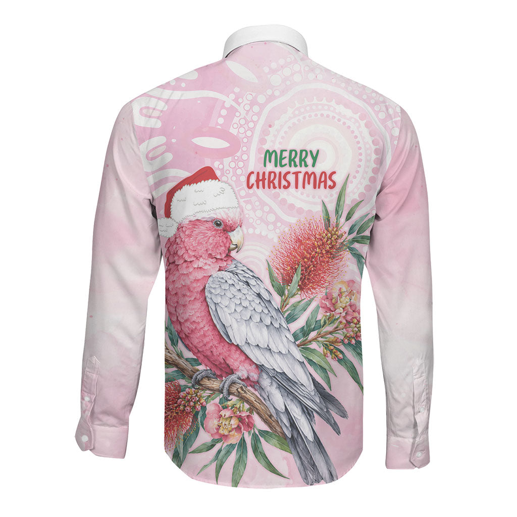 Pink Galah Christmas Australia Long Sleeve Button Shirt Watercolor Painting Aboriginal Art