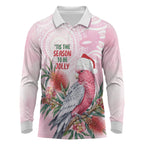 Pink Galah Christmas Australia Long Sleeve Polo Shirt Watercolor Painting Aboriginal Art