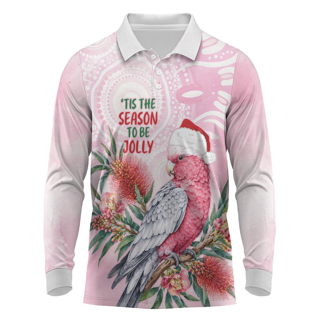 Pink Galah Christmas Australia Long Sleeve Polo Shirt Watercolor Painting Aboriginal Art