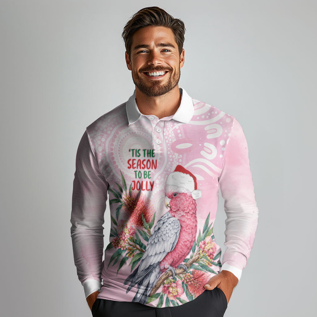 Pink Galah Christmas Australia Long Sleeve Polo Shirt Watercolor Painting Aboriginal Art