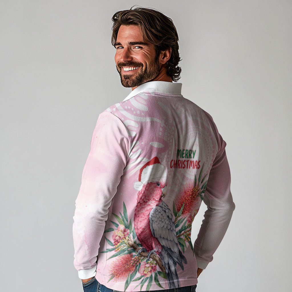 Pink Galah Christmas Australia Long Sleeve Polo Shirt Watercolor Painting Aboriginal Art