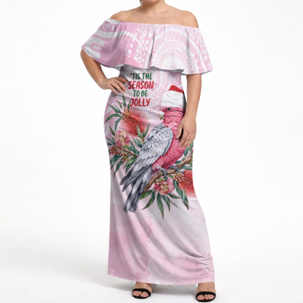 Pink Galah Christmas Australia Off Shoulder Maxi Dress Watercolor Painting Aboriginal Art