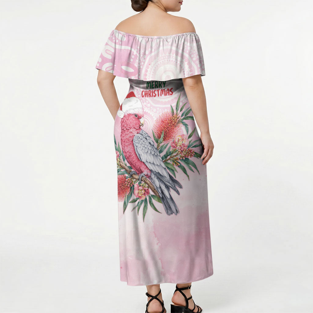Pink Galah Christmas Australia Off Shoulder Maxi Dress Watercolor Painting Aboriginal Art