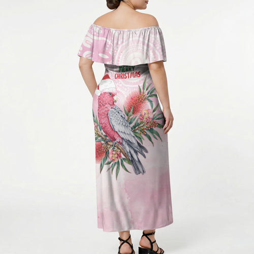 Pink Galah Christmas Australia Off Shoulder Maxi Dress Watercolor Painting Aboriginal Art