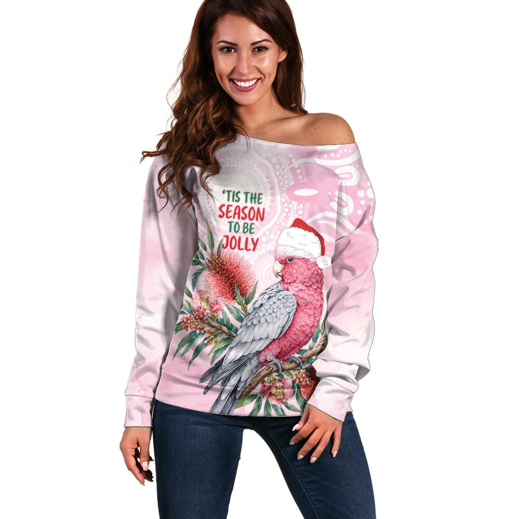 Pink Galah Christmas Australia Off Shoulder Sweater Watercolor Painting Aboriginal Art