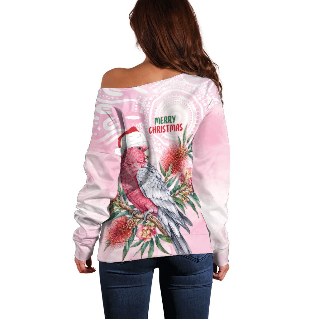 Pink Galah Christmas Australia Off Shoulder Sweater Watercolor Painting Aboriginal Art