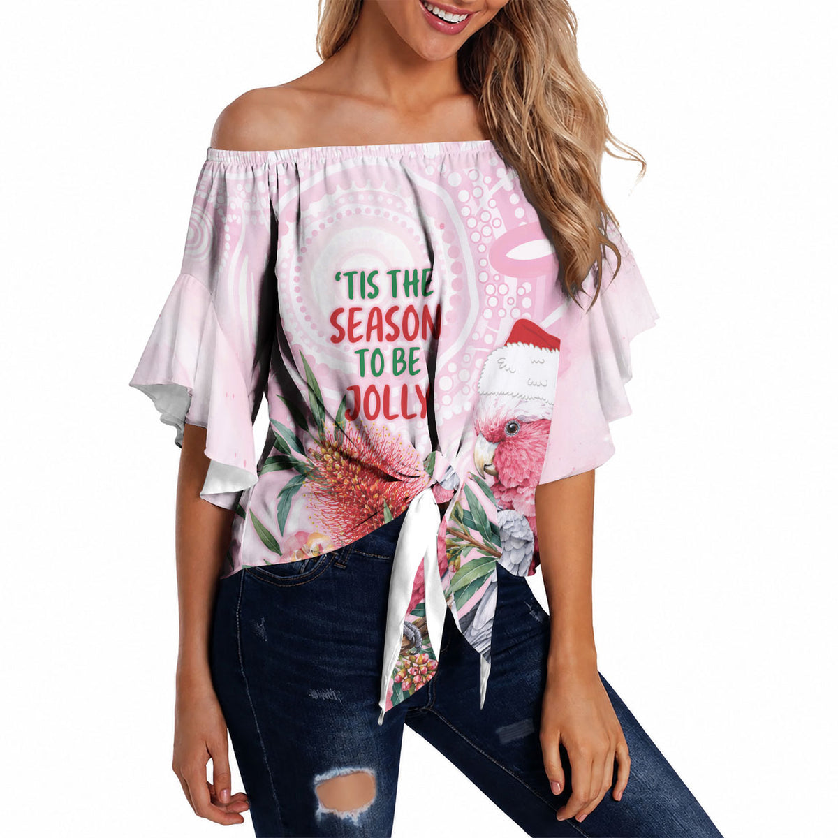 Pink Galah Christmas Australia Off Shoulder Wrap Waist Top Watercolor Painting Aboriginal Art