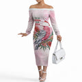 Pink Galah Christmas Australia Off The Shoulder Long Sleeve Dress Watercolor Painting Aboriginal Art