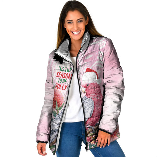 Pink Galah Christmas Australia Padded Jacket Watercolor Painting Aboriginal Art