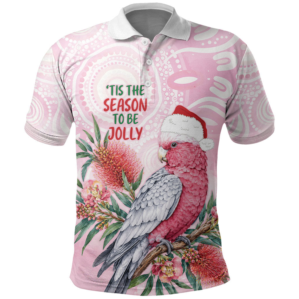 Pink Galah Christmas Australia Polo Shirt Watercolor Painting Aboriginal Art