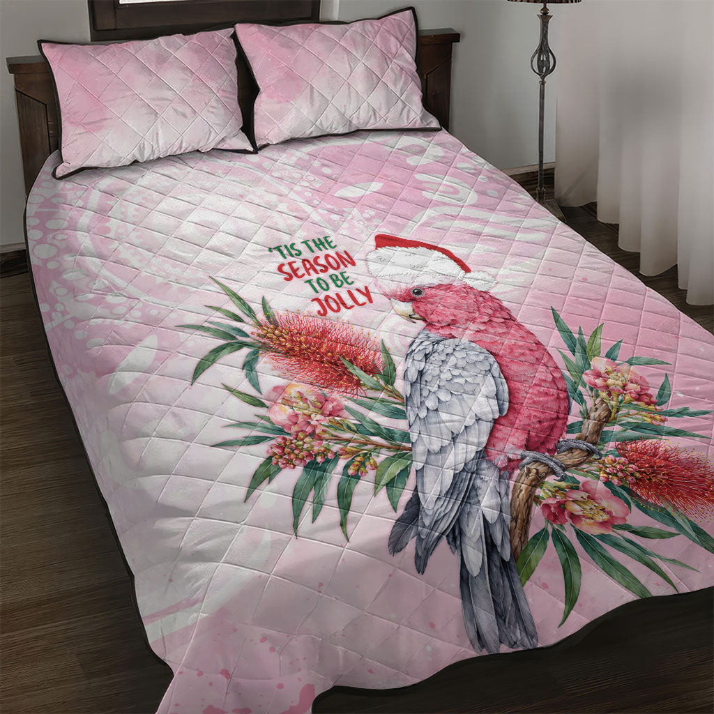 Pink Galah Christmas Australia Quilt Bed Set Watercolor Painting Aboriginal Art