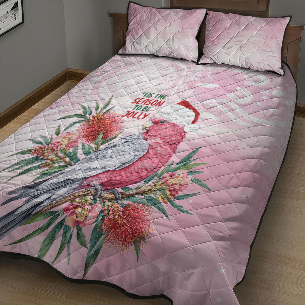 Pink Galah Christmas Australia Quilt Bed Set Watercolor Painting Aboriginal Art
