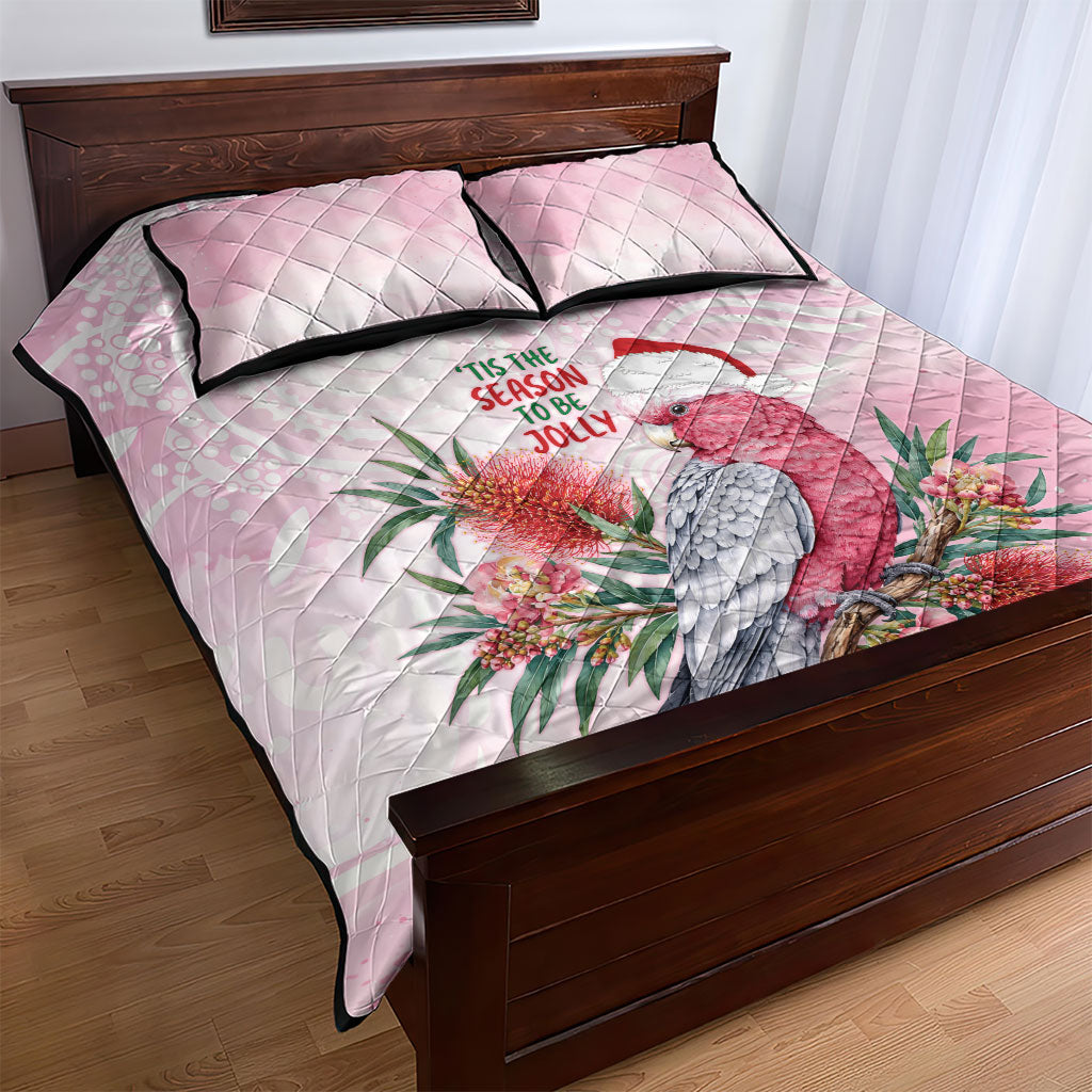 Pink Galah Christmas Australia Quilt Bed Set Watercolor Painting Aboriginal Art