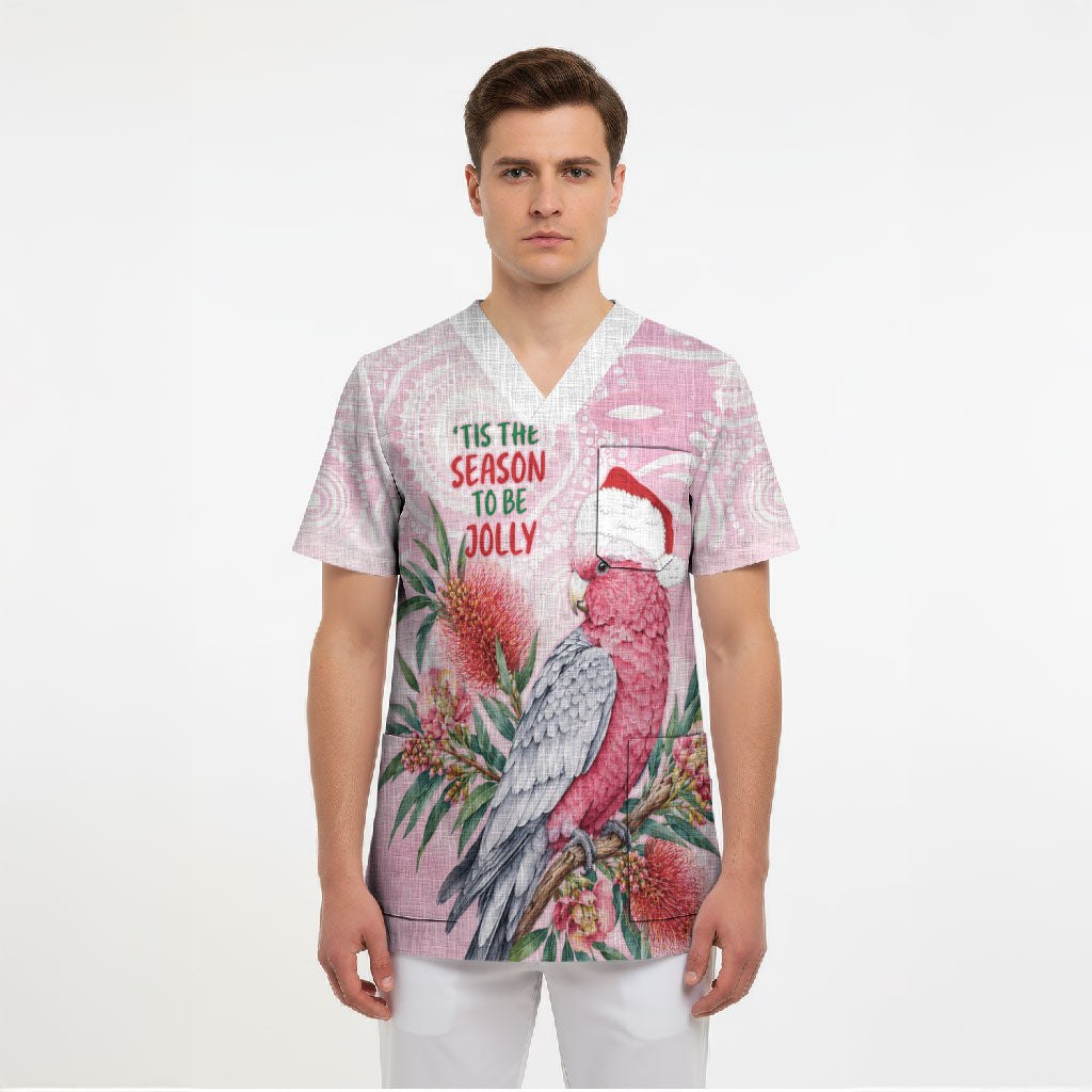 Pink Galah Christmas Australia Scrub Top Watercolor Painting Aboriginal Art