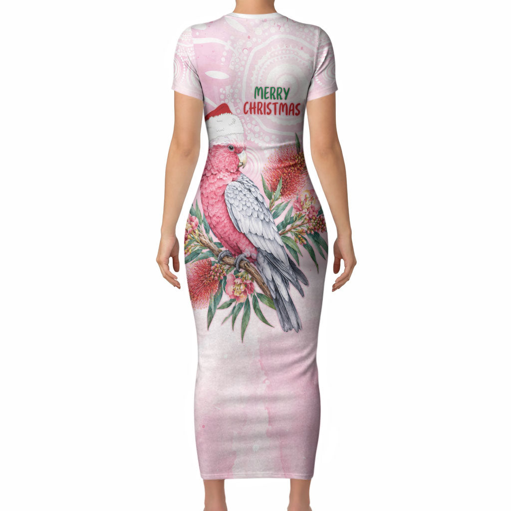 Pink Galah Christmas Australia Short Sleeve Bodycon Dress Watercolor Painting Aboriginal Art